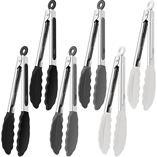 6 Pcs Small Silicone Tongs,7 Inch Mini Serving Tongs with Tips,Heat Resistant Cooking Tong,Stainless Steel Silicone Kitchen Tong for Salad Food Frying BBQ(Black,Gray,White)