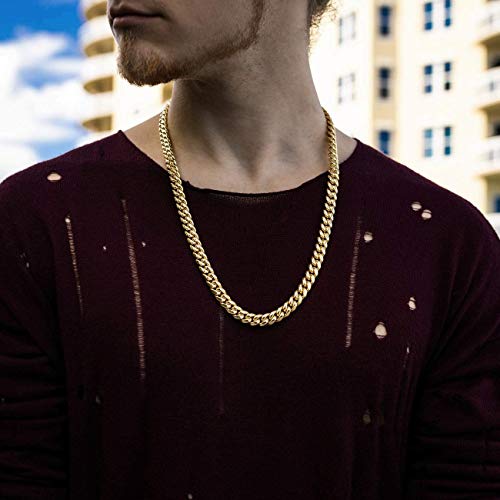 Men's Hip Hop Miami Cuban Link Chain or Bracelet - 14K or White Gold Plated Stainless Steel Cuban Link Choker Gold Chains Necklace 8mm,10mm,12mm,14mm,16mm (14K Gold - 10mm, 26.00)4