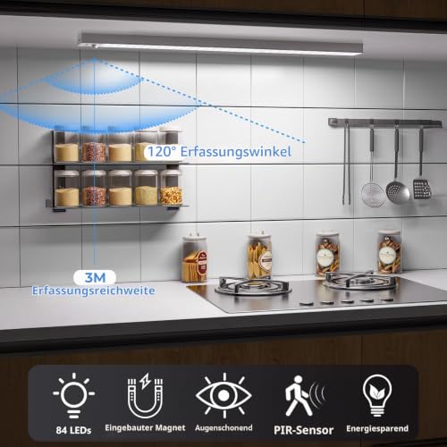 Schrankbeleuchtung LED mit Bewegungsmelder 43,5cm 2Stück Schranklicht Schrankleuchte Led Leiste Batterie USB Wiederaufladbar… – Ansicht 5