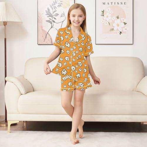 Satin Pajama Sets Short Sleeve Popcorn Orange Background Button Down Silky Nightwear 2 Piece PJS 5-14Y3