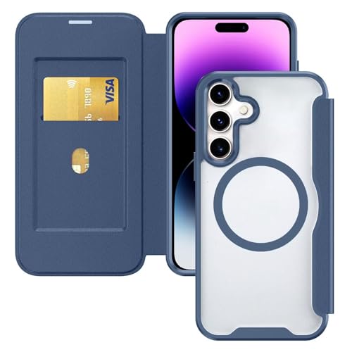 HAONANDE Magnetisch Handyhülle für Samsung Galaxy A55 5G, Klapphülle, RFID Blocker, Kartenfach, PU Leder Flip Stoßfest Schutzhülle Klar Case Blau