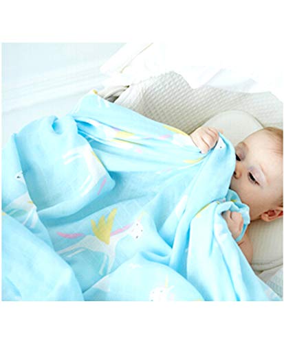 Image of Kassy Pop Printed 6 Layer Bamboo Muslin Blanket Cum Swaddling Towel for Baby, Toddlers | 70% Bamboo, 30% Cotton | AC Quilt, Multi-Purpose Blanket | Toxin Free | 110cm x 110cm (Bluw Unicorn Print)
