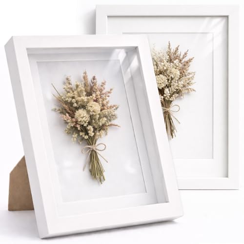 Enmarkalia   Pack X2 color blanco   20 x 25 cm  Marco de foto con Profundidad Tipo Vitrina 3D con Paspartú Incluido – Marco Decorativo Efecto Caja para Fotos, Recuerdos y Objetos.