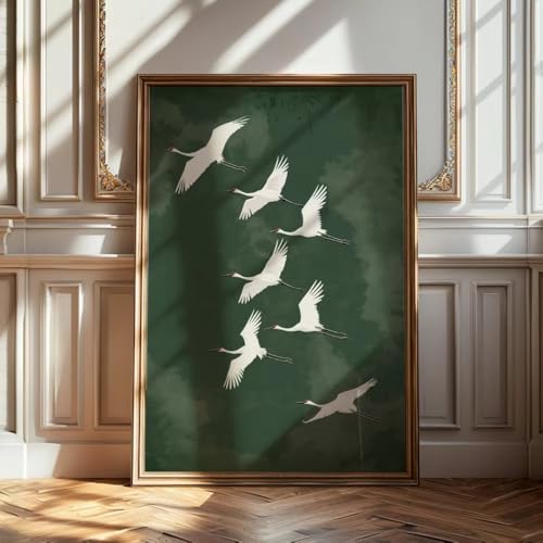 Grues japonaises en vol affiche toile vintage oiseaux blancs zen