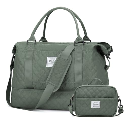 Image of Weekender Bags for Women, Travel Duffel Bags with Shoe Compartment,Personal Item Travel Bag for Airlines, Carry on Overnight Tote Bag for Women with Toiletry Bag,Grid-Olive Green