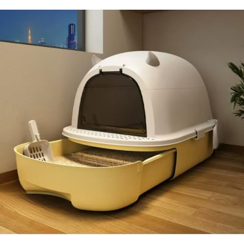 「NexPon」猫用トイレ本体 大型 フルカバー 猫トイレ 緑色 引き出し式 ふた付き 大きいサイズ ゆったり おしゃれ 猫砂が飛び散り防止 臭い防止 折りたたみ スコップ付き 猫 トイレ 猫用トイレ (イエロー)