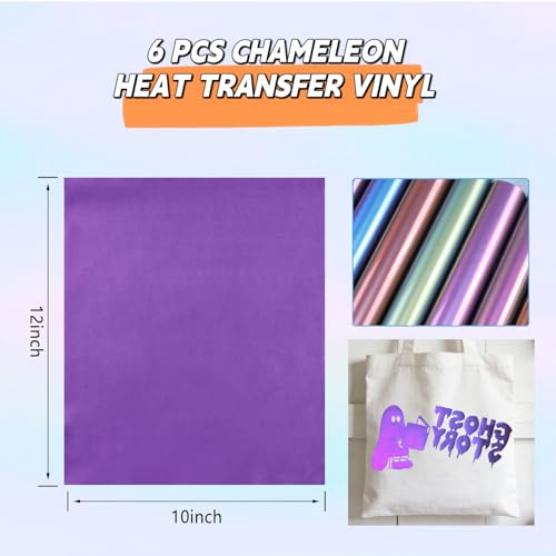 Image of Chameleon Heat Transfer Vinyl HTV, 6 Sheets 10x12 Inch, Iron On Vinyl for T-Shirts and Bags, Easy to Cut and Weed for Silhouette Cameo and Heat Press Machine