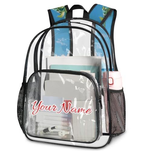 Personalized Small Clear Backpack Stadium Approved Heavy Duty PVC Plastic Custom Transparent Backpacks See Through Bag with Name, Ocean Beach Tropical Palm Tree