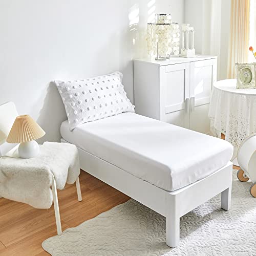 4 Piece Tufted Dots Toddler Bedding Set Solid White Jacquard Pom Pom Tufts, Soft And Embroidery Shabby Chic Boho Design For Baby Boys Girls, Includes Comforter, Flat Sheet, Fitted Sheet And Pillowcase #TOP5