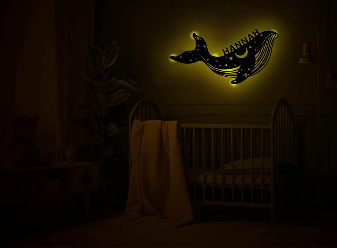 Slumber Light Personalized | Night Light for Baby and Child - Wooden Wall Lamp for Boys and Girls | Led Decoration Gift Whale with Desired Name
