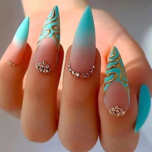 Magrace Extra Long Press On Nails Almond Blue Fake Nails Long French Tips False Nails With Designs 24 Pcs Green Stick On Nails For Women #TOP10