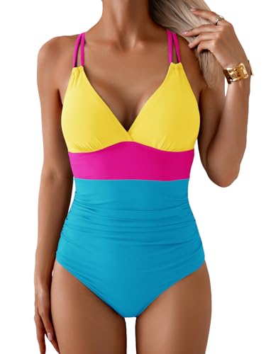 Image of Aidonger Women's One Piece Color Block Swimsuit Tummy Control Slimming Bathing Suit V Neck Cutout High Waisted Swimwear