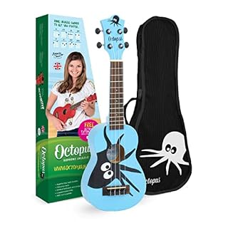 Octopus Ukulélé soprano avec motif pieuvre sur fond bleu - Les Beatles, Paul McCartney, John Lennon, RIngo Starr, George Harrison