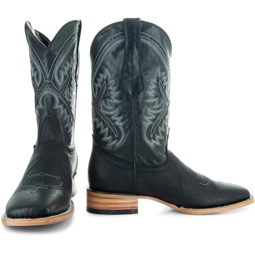 Soto Boots Men's Black Square Toe Cowboy Boots, Genuine Leather Men's Cowboy Boots, Black Western Boots For Men H500402