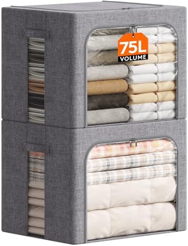 Lifewit Aufbewahrungsbox 75L, Kleidung Aufbewahrung, 2er Set, Hellgrau | Faltbare Kleideraufbewahrung mit Metallrahmen, Stoffbox mit Griffen & Fenster, Aufbewahrung Kleiderschrank