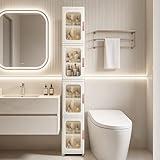 Lacusmall Tall Narrow Storage Cabinet with Movable Wheels, Adjustable Shelves & Magnetic Doors – Foldable Slim Plastic Organizer for Bathroom, Kitchen, Laundry, Ideal for Small Spaces(4-Tier,White)