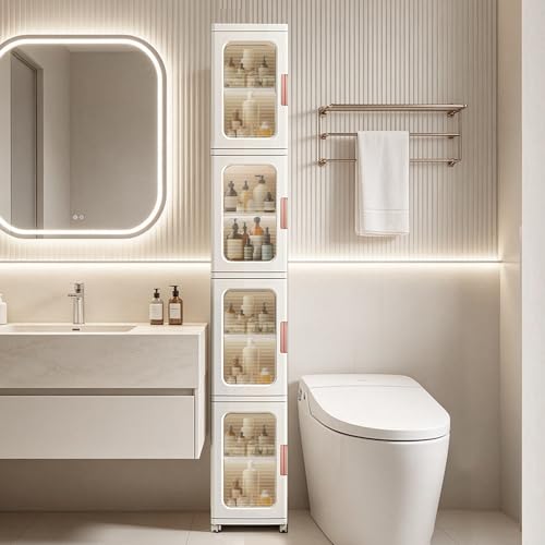 Lacusmall Tall Narrow Storage Cabinet with Movable Wheels, Adjustable Shelves & Magnetic Doors – Foldable Slim Plastic Organizer for Bathroom, Kitchen, Laundry, Ideal for Small Spaces(4-Tier,White)
