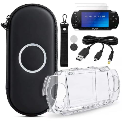 7-in-1 Accessories Kit for PlayStation Portable 1000-Black Carrying Case with Screen Protector crystal protective cover 2 joystick caps charging Cable & wristband hanging rope