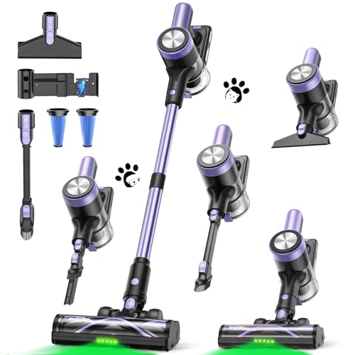 Cordless Vacuum Cleaner, 46KPa/500W Stick Vacuum with 55 Mins Runtime, Self-Standing Vacuum Cleaner for Home, LED Display, Anti-Tangle Brush, Rechargeable Vacuum for Hardwood Floor, Pet Hair (Violet)