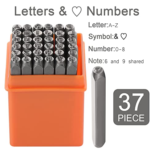 Gueenky 37 Pcs Number and Letter Punch Set, 3mm Metal Stamping Tool Set, A-Z, 0-9, &, Heart Shape, Letter Number and Symbols Stamp Punch for Stamping Metal Wood Plastic Leather