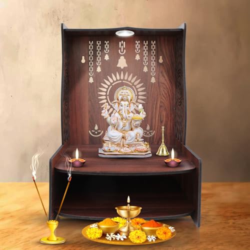Image of Olive Tree Ethnic Wooden Pooja Mandir for Home Handcrafted Puja Stand | Wall Mounted with LED Spot Light | Mandapam, Pooja Ghar, Temple Office Decor - Walnut Size 12X12X16 Inch 1007