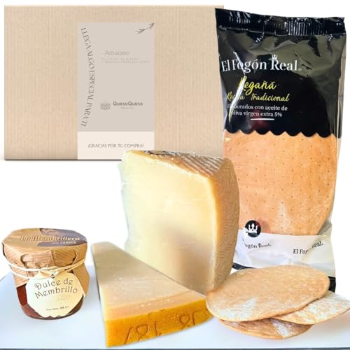 Amaisso® Caja de Quesos Regalo Gourmet | Cestas Regalo | Surtido 2 Cuñas Queso Curado, Membrillo y Regañás | Queso Parmesano y de Cabra | 'Pack Postre con Q' y Membrillo 'La Membrillera' Natural