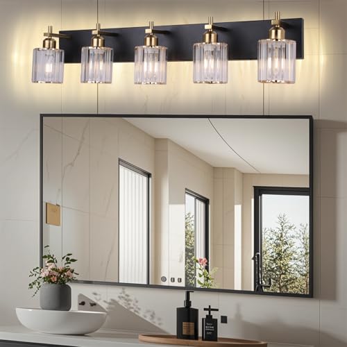 Image of She's home 5-Light Vanity Lights for Bathroom: Black Gold Vanity Lights with Crystal Glass Shade, Modern Crystal Bathroom Light Fixtures Over Mirror, 34inch Black Gold Wall Sconce for Bath, E26 Base