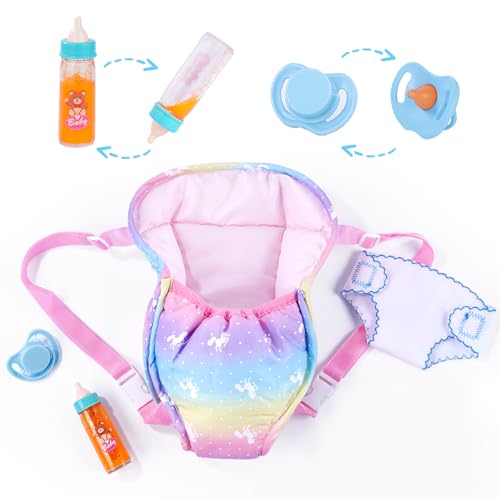 BABESIDE Baby Doll Accessories Doll Carrier with Magic Bottle Dolls Diaper Pacifier Baby Dolls Accessories Set for 12-15 Inch Dolls Pretend Play Gift for Girls Boys Ages 3+