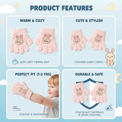 Image of Kraptick Kids Winter Gloves - Ultra-Soft Thick Knit Fuzzy Warm Mittens for Boys & Girls Cute Bear Patch Thermal Hand Warmers for Toddlers & Children -1