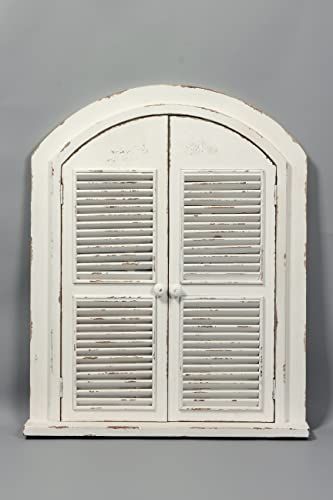 Farmhouse Arched Window Mirror With Shutters 35" X 28", Hanging Distressed White Rustic Window Shutters Decorative Mirrors For Wall Decor Living Room, Wood Vintage Wall-Mounted Mirrors For Bedroom #TOP7
