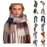 echarpe et chale femme Générique Echarpe Femme Chaud, Écharpe Chale Femme Hiver, Longue Grosse Douce Laine Echarpe, Tissée Grande Motif a Carreuaux Vintage Multicolore et Longues Franges Épaisses