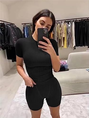 ZFLM Casual Workout Two Piece Outfits for Women Fitted Crew Neck T-shirt High Waist Pants Matching Sets Streetwear