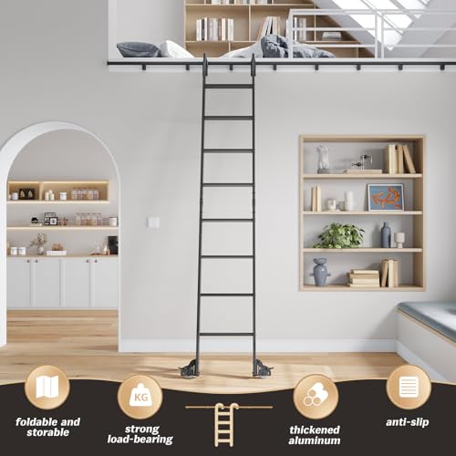 Image of Fredbeck 9ft Black Library Aluminium Step Ladder 108 inch and 4FT Sliding Track | Rolling rollers,Bottom Wheel Included,for Kitchen,Loft,Warehouses,Bookstore,Atti,Dressing Room,Metal