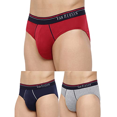 Van Heusen Men Briefs - 100% Combed Cotton - Pack Of 3 - Anti Bacterial, Colour Fresh, Moisture Wicking_10003_Deep Red, Grey Mel, Dark Navy_M