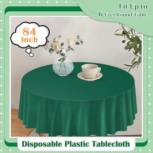Image of Dark Green 14 Pack 84 Inch Plastic Tablecloths, Disposable Round Tablecloth, Party Table Cover Plastic Table Cloth