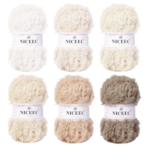 Image of NICEEC Faux Fur Yarn Super Soft, Chunky & Fluffy, Eyelash Yarn for Crochet & Knitting(Total Length 210yds /10.6oz) - Cream White Series /300g