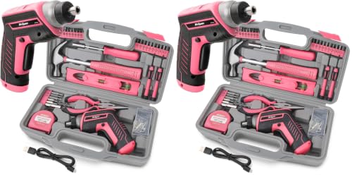 Image of Hi-Spec 35-Piece Tool Kit with 3.6V USB Small Electric Screwdriver Set, Pink Drill Set for Women, Tool Kit for Home (Pack of 2)