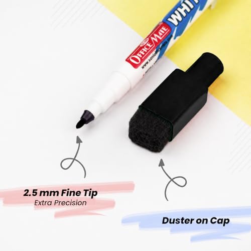 Image of Soni Officemate Fine Tip Whiteboard Markers with Duster Cap | Pack of 10 (Mix) |Black, Blue, Red & Green | 2.5 mm Tip | Eraser Cap | Non-Toxic | Smooth Writing