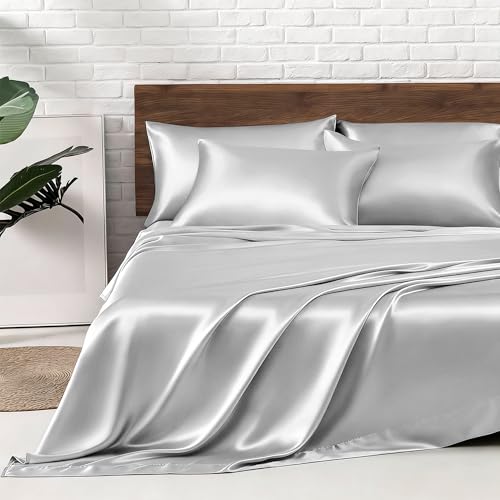 Image of MR&HM Satin Bed Sheets, King Size Sheets Set, 6 Pcs Silky Bedding Set with 15 Inches Deep Pocket for Mattress (King, Silver Grey)