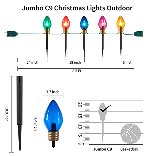 Jumbo Christmas Pathway Lights Outdoor With Marker Stakes, 8.5 Ft C9 Shaped Christmas Lights Multicolored Giant Bulb String Lights, For Holiday Walkway Driveway Garden Yard Decoration, 5 Lights #TOP2