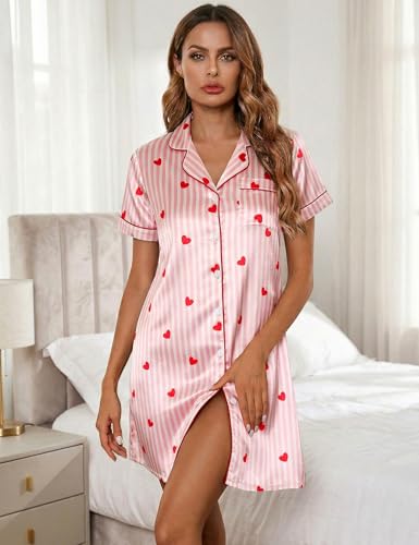 Marvmys Women's Sleepshirts Satin Silk Nightgown Short Sleeve Sleepwear Striped Boyfriend Pajama Dress M - image 8