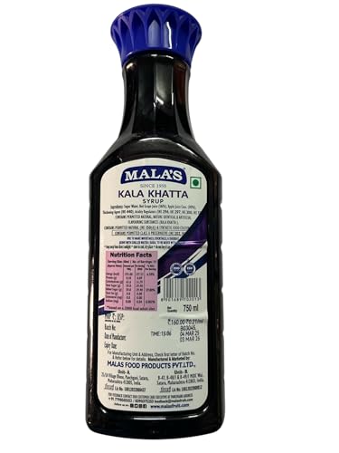 Mala's Kala Khatta Syrup, 750 Bottle | Mixer for Gola, Frozen Ball, Snow cones, Shaved ice, Ice lollies, Fruit Shakes, Falooda, Mocktails, Cocktails, Drinks, Juices, Beverages