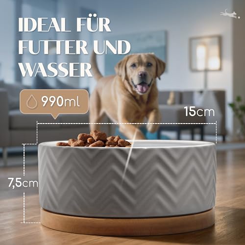 FREUDENTIER Hundenapf aus Keramik mit Bambus-Boden - 990ml - rutschfest & spülmaschinenfest - Moderner Futternapf/Fressnapf für Grosse Hunde & kleine Hunde - Näpfe Hund (Weiß, 1x)