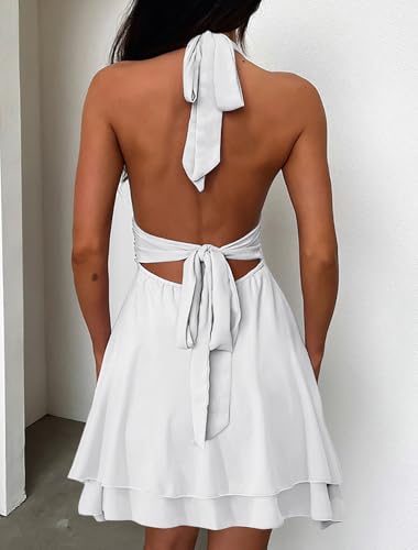 Image of Women's Halter Deep V Neck A-line Mini Dress Ruched Waist Short Party Dresses