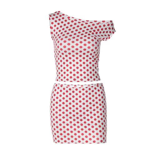 CORIRESHA Women's Summer Two Piece Outfits Polka Dot Off Shoulder Top Mini Skirt Sets