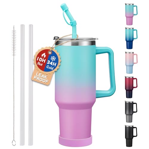 Image of 40 oz Tumbler with Handle & 2-in-1 Straw Lid, Stainless Steel Travel Coffee | Keeps Cold 34H, Leak-Proof & Dishwasher Safe, BPA Free Double Wall Water Bottles, Cup Holder Friendly, Durable for Gym Home