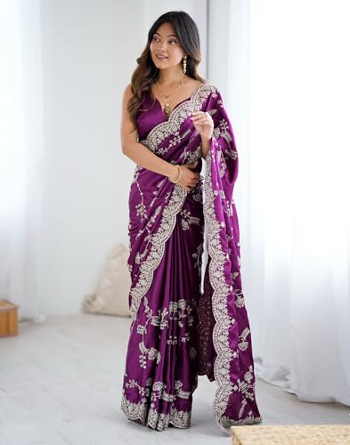 Image of SIRIL Women's Satin Embroidery And Scalloped Border Saree With Unstitched Blouse Piece