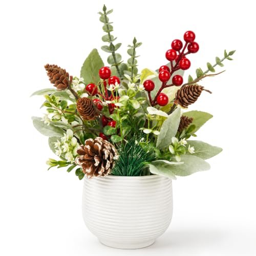 Der Rose Christmas Centerpiece for Tables, Small Fake Plants in White Pot