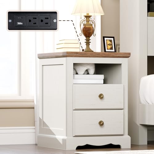 Nightstand with Charging Station 18 Wide End Table with 2 Drawers 1 Open Storage Shelf Wood Rustic Sofa Side Table for Bedroom Living Room Antique White