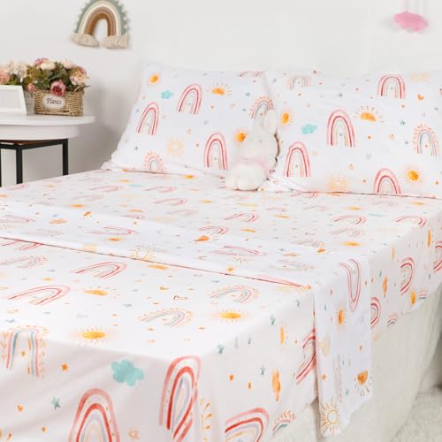 Image of Twin Size Toddler Bedding Set for Girls- 5 Piece Rainbow Toddler Girl Bedding, Super Soft & Lightweight Toddler Comforter Set Includes Comforter, Flat Sheet, Fitted Sheet, Pillowcase (Pink)